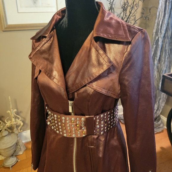 Bebe Studded Trench Coat in Burgundy. Satin Touch Fabric. Fully Lined. Size M. - Picture 8 of 14